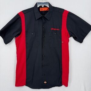 Dickies Snap On Work Shirt Mens L Black Red Mechanic Auto Shop Logo Button Up